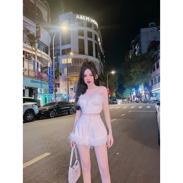 ➖Set áo cúp ngực lông vũ + Quần short