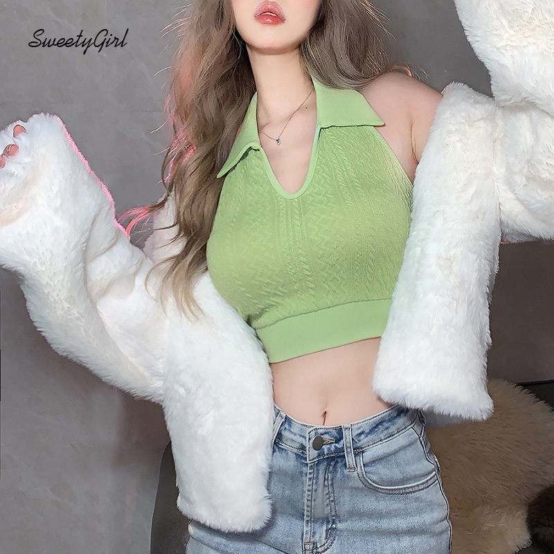 Áo Dệt Kim Cổ Chữ V Hở Lưng Màu Sắc Đơn Giản Dành Cho Nữ