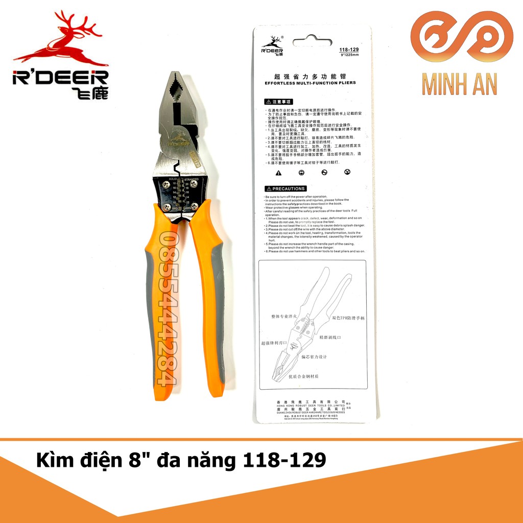 Kìm điện đa năng cao cấp 4 trong 1 [HÀNG CHÍNH HÃNG] R'DEER 118-129 9inch/225mm (Kẹp-Cắt-Uốn-Tuốt dây)