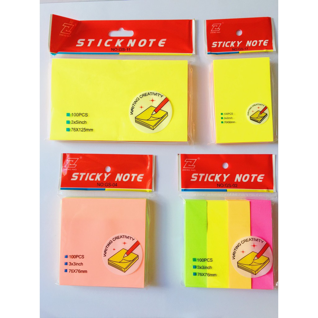 Giấy note ghi chú 5 màu dạ quang: Vàng, Cam, Xanh lá, Hồng đỏ, Hồng cam