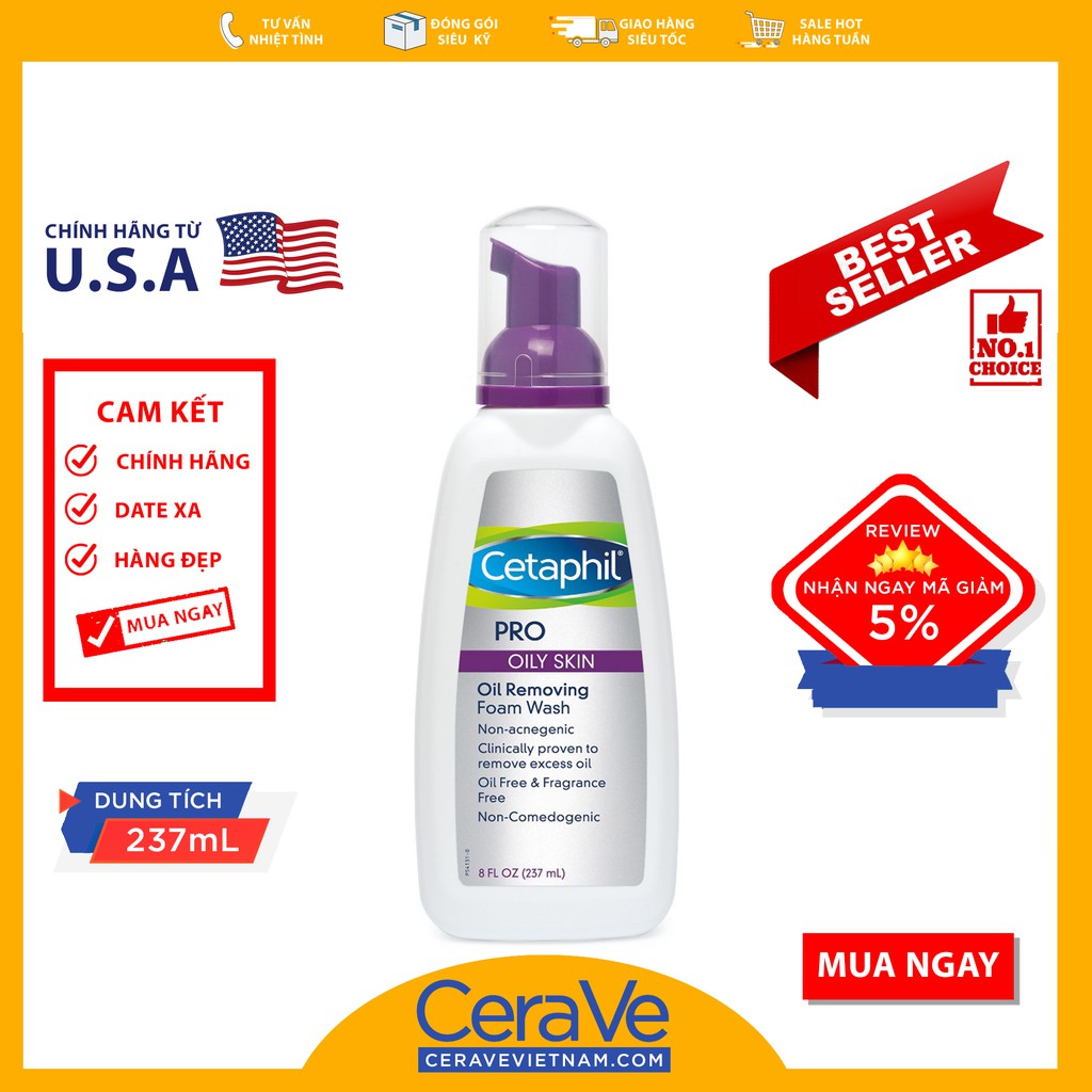 Cetaphil Pro Oily Skin Oil Removing Foam Wash - Sữa rửa mặt kiểm soát dầu ngừa mụn (237mL)
