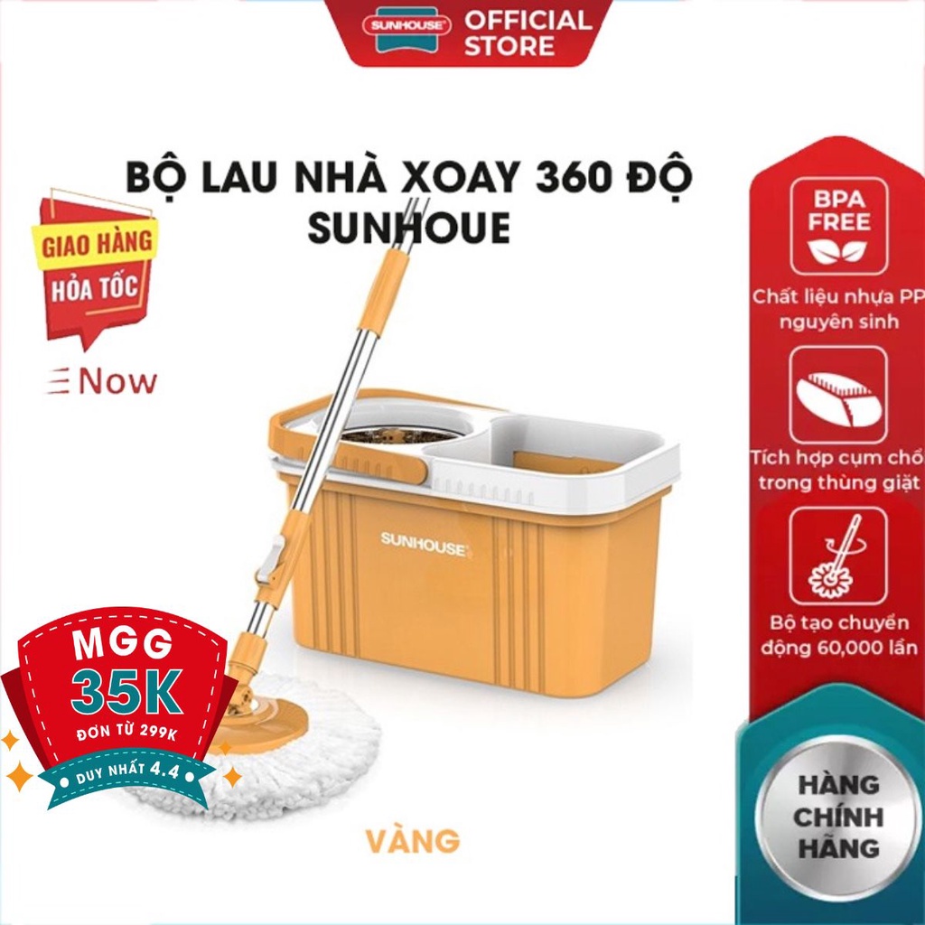 Cây lau nhà thông minh mẫu 2021 bộ xoay 360 độ SUNHOUSE KS-CL260PG-KS-CL260PO-2022 vàng xanh chổi lau nhà  tự vắt