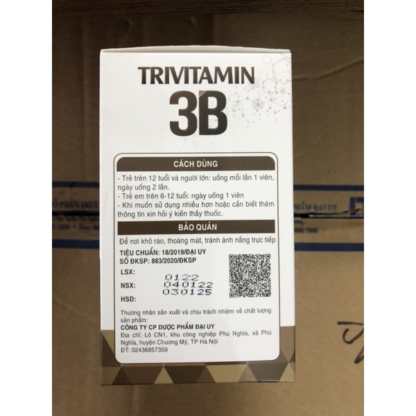 Trivitamin 3B hộp 100 viên nang mềm - Bổ sung vitamin B1- B6 - B12