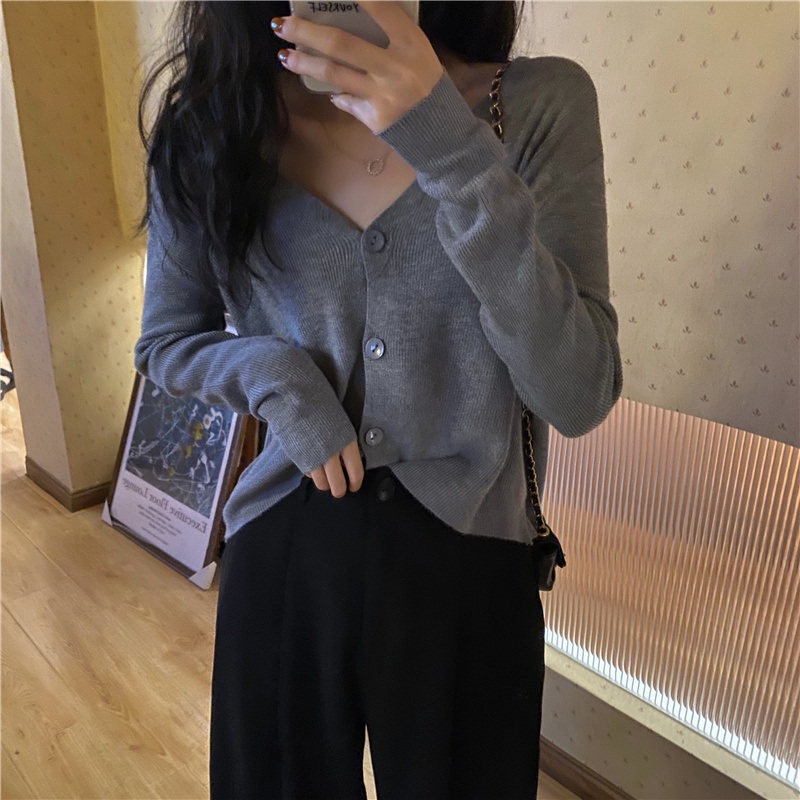 ZHELIHANGFEI Áo Cardigan Dệt Kim Tay Dài Cổ Chữ V Eo Cao Thời Trang