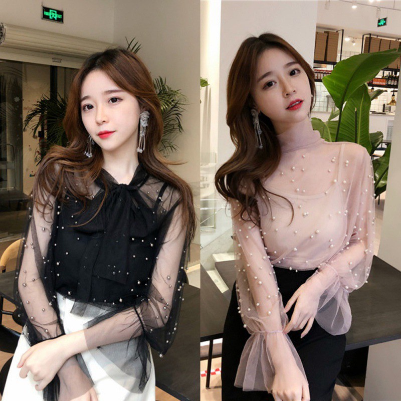 [Baywellfashion]Áo kiểu tay loe dài phối lưới thắt nơ thời trang công sở cho nữ