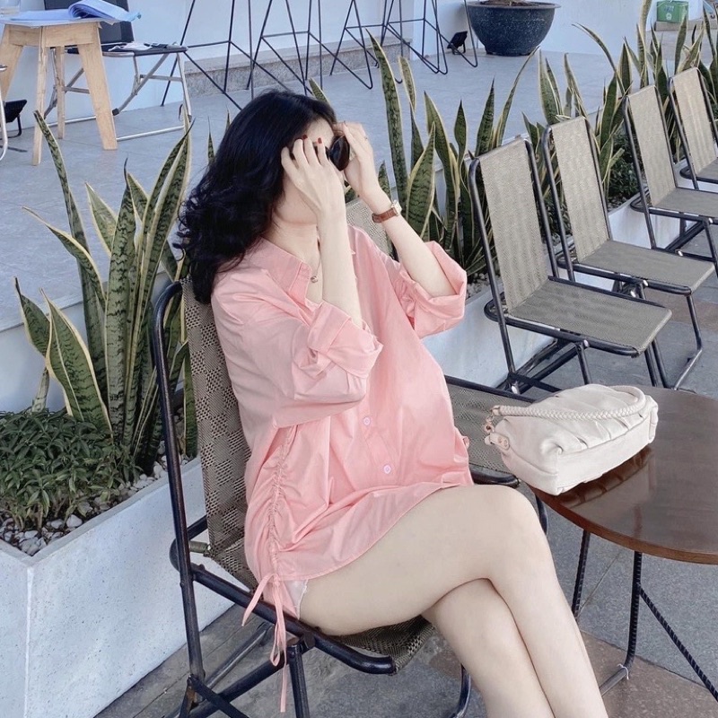 Sơ mi nữ Hồng kiểu dây rút sườn, phong cách Hàn Quốc dễ thương, form rộng, vải đũi mềm (ẢNH THẬT)