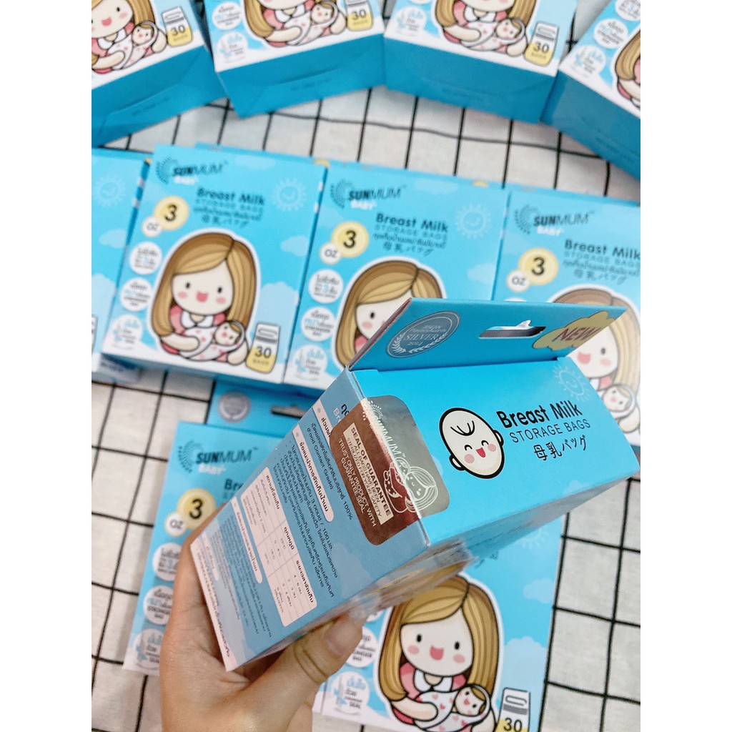 ( Hộp 30 túi ) Túi trữ sữa Sunmum chính hãng Thái Lan an toàn tiện lợi với dung tích 100ml có tem niêm phong