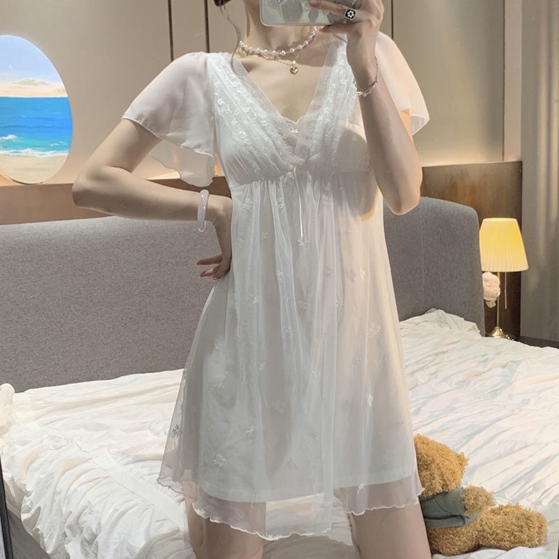 Đầm Ngủ Phối Ren Lưới Có Mút Đệm Ngực Thêu Họa Tiết Phong Cách Công Chúa Ngọt Ngào Thoải Mái Thời Trang Mùa Hè