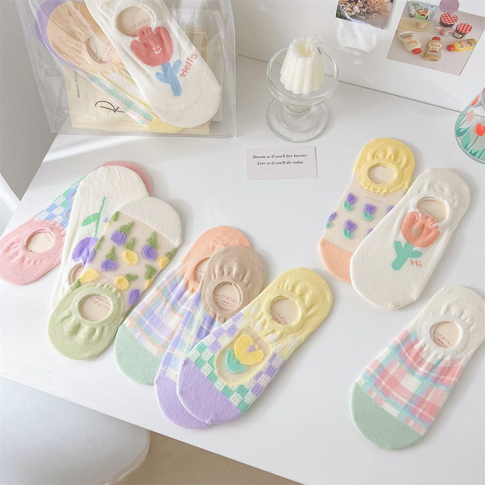 1 Đôi Tất Cotton Thêu Hình Hoa Tulip Dễ Thương