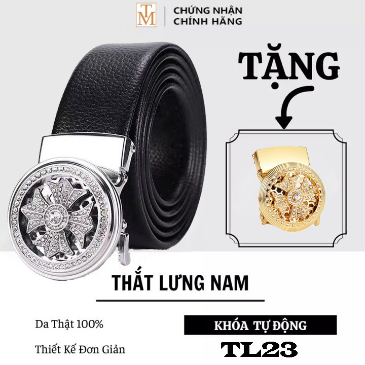 Thắt lưng nam da cao cấp - Tặng kèm 1 mặt - Thiết kế đính đá mặt xoay 360, khóa tự động
