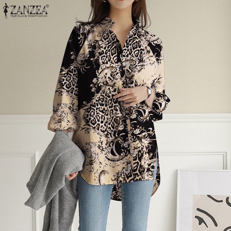 Áo sơ mi ZANZEA tay dài họa tiết da báo thời trang dành cho nữ