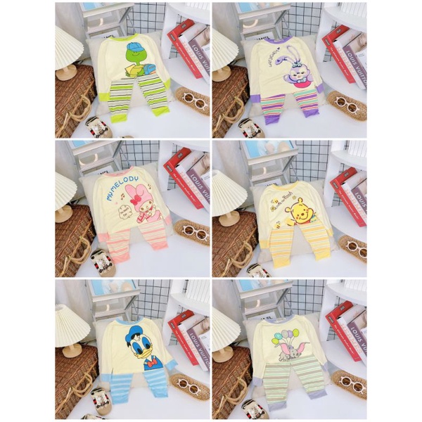 Bộ dài tay thun lạnh Minky Mom quần sọc áo hoạt hình cho bé trai bé gái