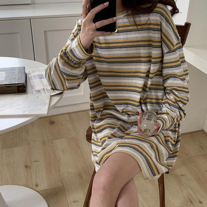 Áo thun Nữ Giấu quần Tay dài Kẻ sọc Form rộng Cổ tròn Cotton Ulzzang Hàn Quốc Áo Phông thun Nữ giấu quần Thời trang *