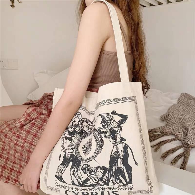 [Special offer]Women's bag retro shoulder bag Greek illustration chic Korean version versatile canvas bag retro handbag female student ins