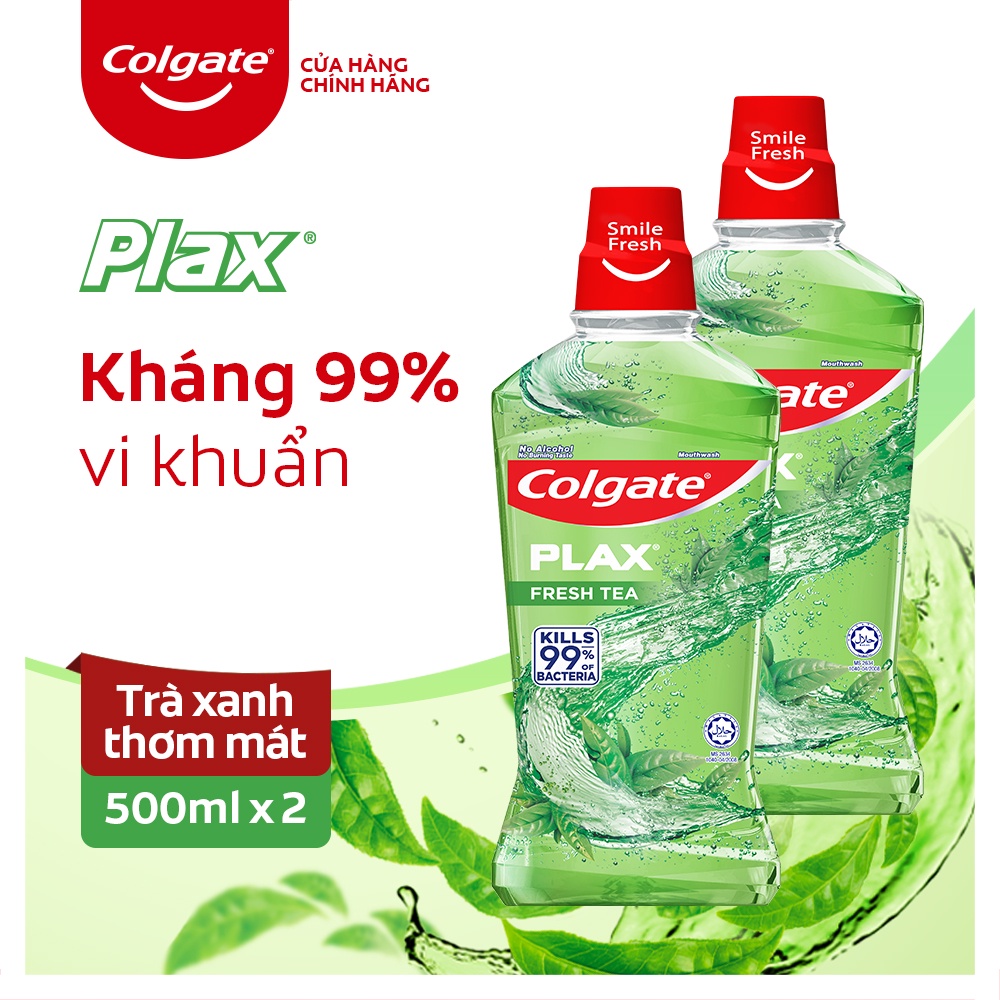 Bộ 2 chai nước súc miệng Colgate kháng 99% vi khuẩn Plax trà xanh 500ml/chai