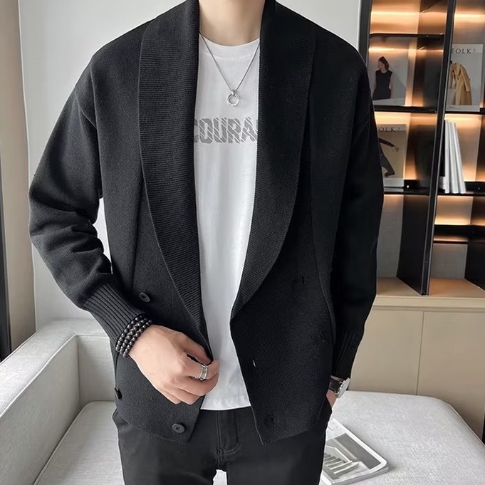 Áo Sweater Dệt Kim Tay Dài Dáng Rộng Màu Trơn Phong Cách Hàn Quốc Thời Trang Cho Nam Hàn Quốc cardigan nam fashion áo sweater cổ lọ simple áo sweater form rộng