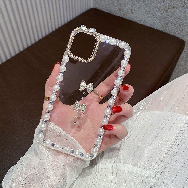 Ốp điện thoại trong suốt đính ngọc trai và pha lê giả cho For Phone Case 12/12 Mini/12promax/11/11 Promax/7/8/7Plus/8Plus/X/XS
