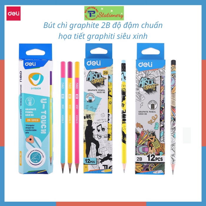 Bút chì gỗ graphite 2B Deli có tẩy, không tẩy họa tiết dễ thương 53200, 53300