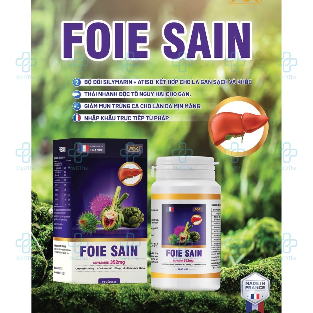 Viên Uống Bổ Gan - Foie Sain - Giải Độc Gan, Thải Độc Gan, Thanh Nhiệt, Ngừa Mụn (Lọ 60 Viên) [Chính Hãng]