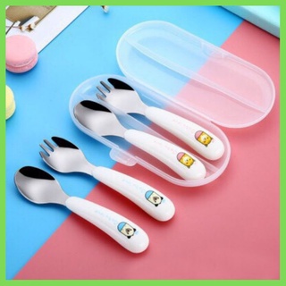 [Có hộp đựng ] Set muỗng (thìa) nĩa cho bé tập xúc đồ ăn - Inox chống gỉ [Babylove]