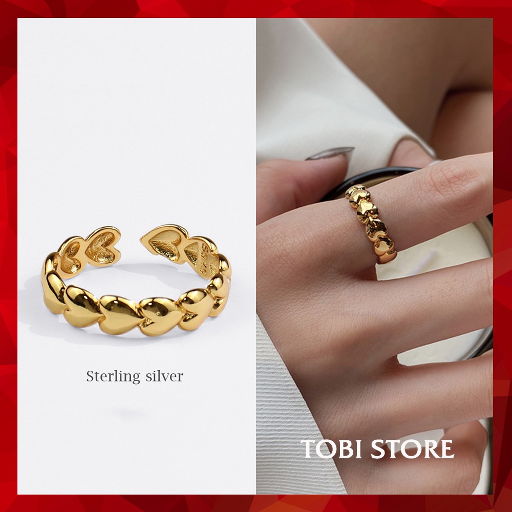 Nhẫn bạc nữ mạ vàng TOBI STORE trái tim xếp lớp N81