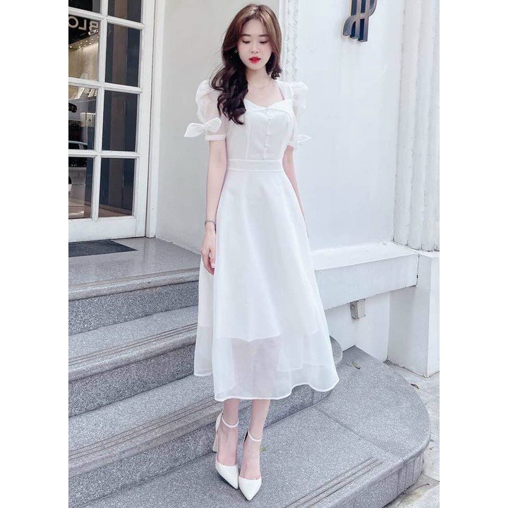 Váy đầm nữ dáng xòe tay phồng đính cườm chất voan hai lớp cao cấp xinh xắn