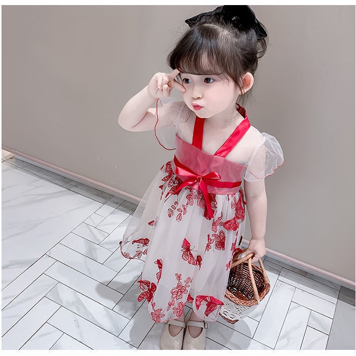 Đầm Công Chúa Tay Phồng Ngắn Phối Lưới Đính Nơ Thời Trang Mùa Hè Cho Bé Gái