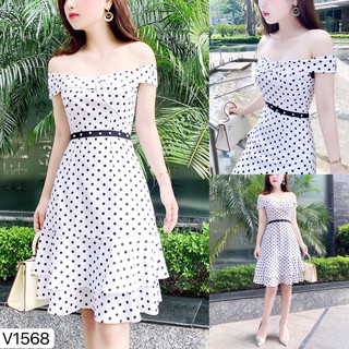 [Mã FASHIONXANH44 giảm 10% tối đa 30K đơn 99K] Váy chấm bi trễ vai V1568
