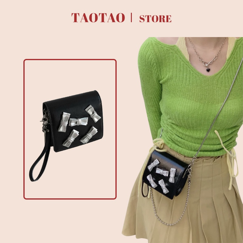 Túi đeo chéo mini dây xích dành cho nữ thắt nơ 2 dây đeo vô cùng