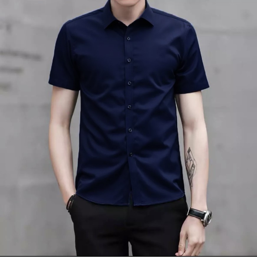 Áo sơ mi nam tay ngắn ZARA màu XANH ĐEN vải cotton lụa cao cấp chống nhăn - MẠNH MẼ NAM TÍNH