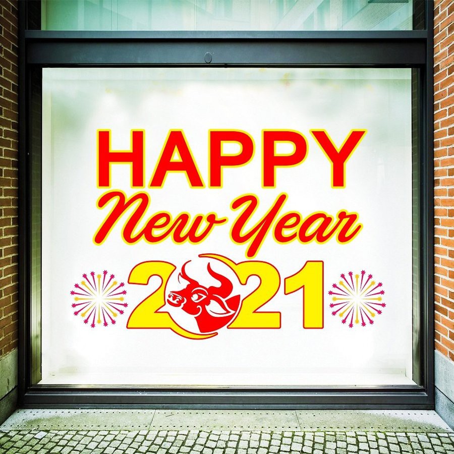 Decal chúc Tết 2021 - happy new year có keo sẵn dán được trên tường và kính