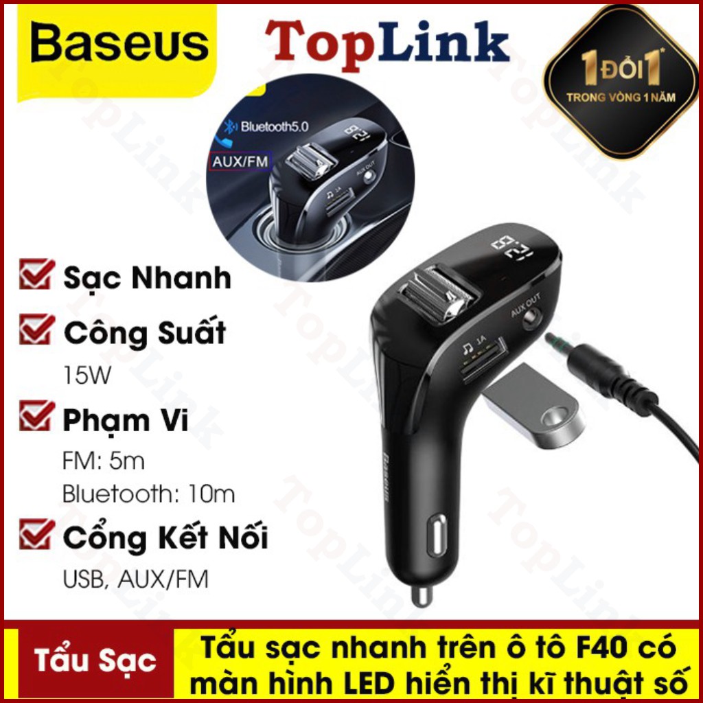 Tẩu Sạc Nhanh Trên Ô Tô F40 Tích Hợp 2 Cổng USB, Hỗ Trợ Kết Nối Kép AUX/FM, Có Màn Hình LED Hiển Thị Kĩ Thuật Số