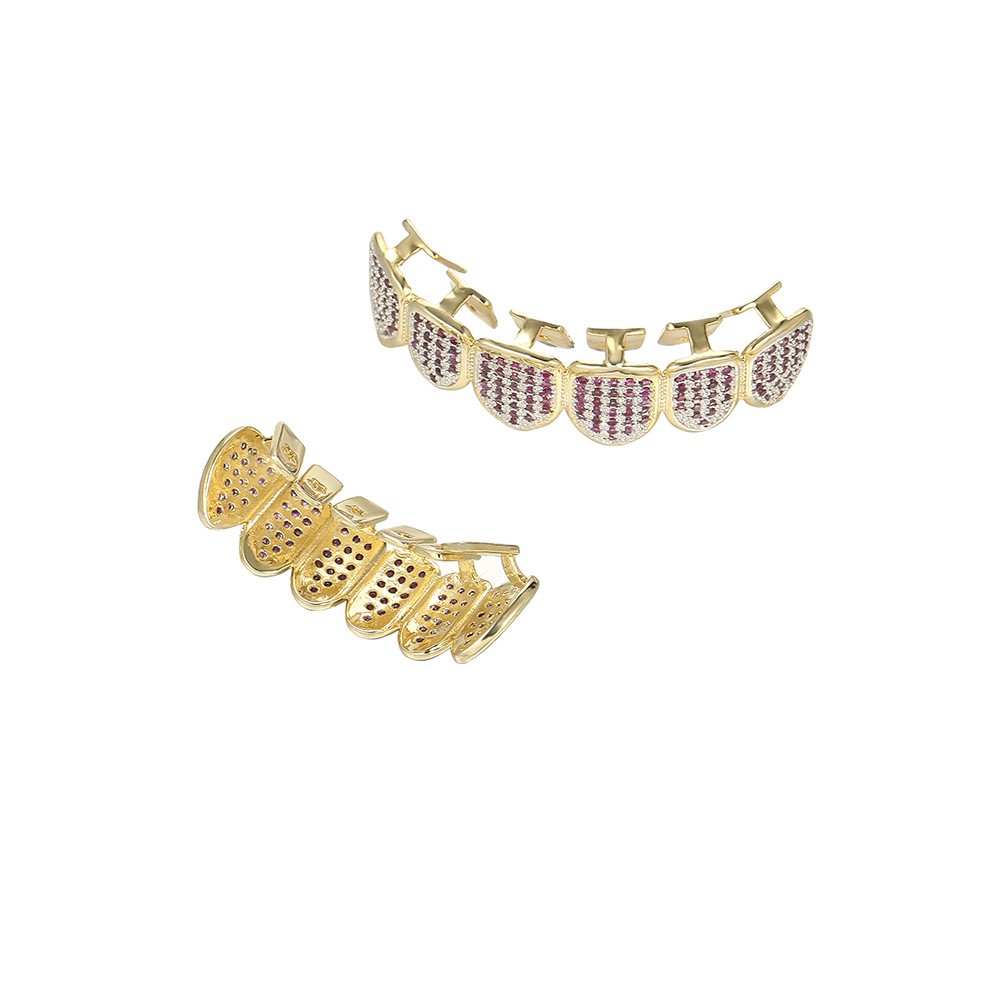 Ebay Amazon Hot Hip Hop Vàng Niềng Răng Hoa Hồng Đỏ Micro-nạm Zircon Vàng-mạ Grillz Hip Hop Niềng Răng