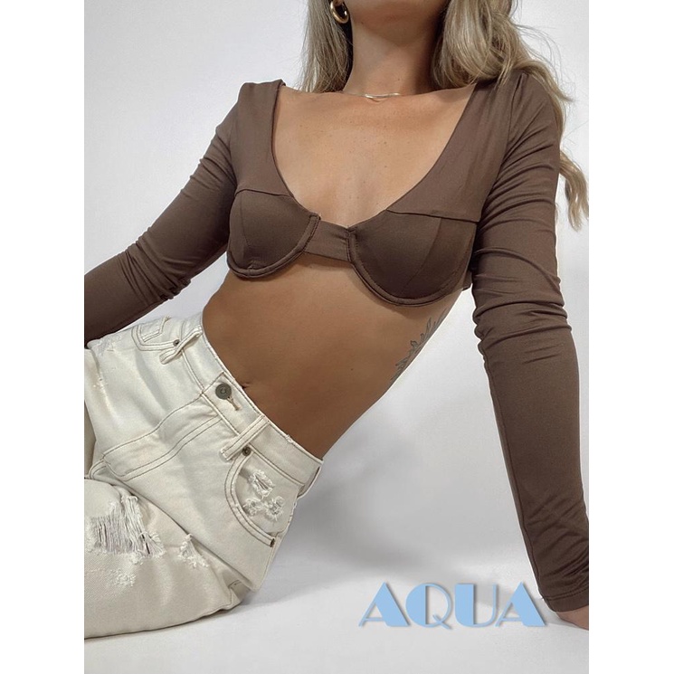 Áo Thun Crop Top Tay Dài Khoét Sâu Màu Trơn Gợi Cảm Cho Nữ