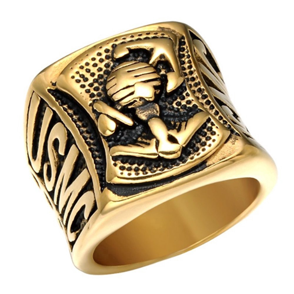 Marine Corps Anchor Gold Ring Men Badge Ring Stone Jewelry