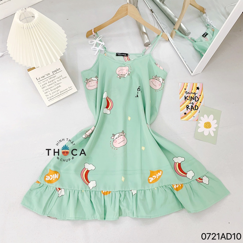 Đầm ngủ mặc nhà dáng suông 2 dây hoạ tiết đáng yêu THOCA HOUSE vải siêu mát, mặc thoải mái ngày hè | BigBuy360 - bigbuy360.vn