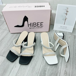 Guốc Dép nữ cao gót đính đá 2 quai sandal gót vuông 5 phân siêu hot HIBEE