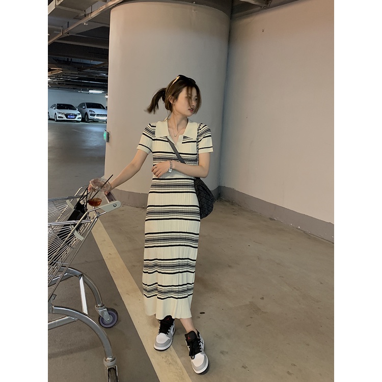 Đầm Thun polo Ngắn Tay Họa Tiết Sọc Ngang Thời Trang Dành Cho Nữ