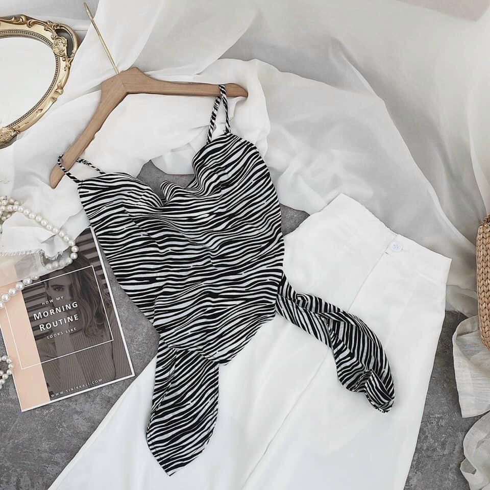 Áo yếm cổ đổ họa tiết ngựa vằn cột nơ lưng may kèm mod ngực cho nữ dưới 55kg chất phi bóng lụa cao cấp-C37