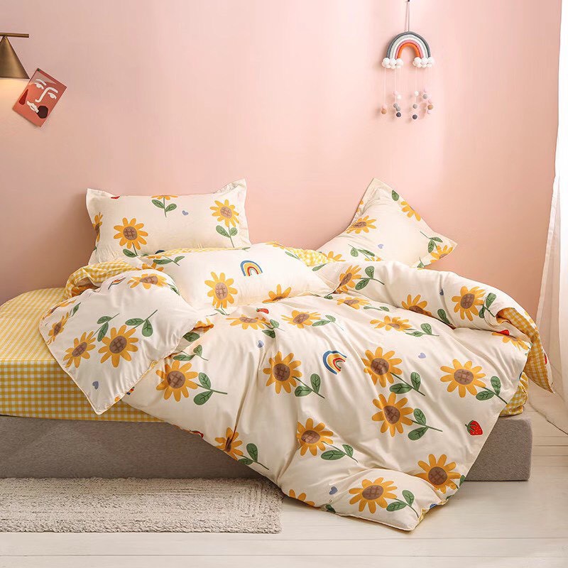 Bộ Chăn Ga Gối Decor Hàn Quốc Họa Tiết Hoa Cầu Vồng - Chăn Ga Cotton Poly Nhập Khẩu Cao Cấp