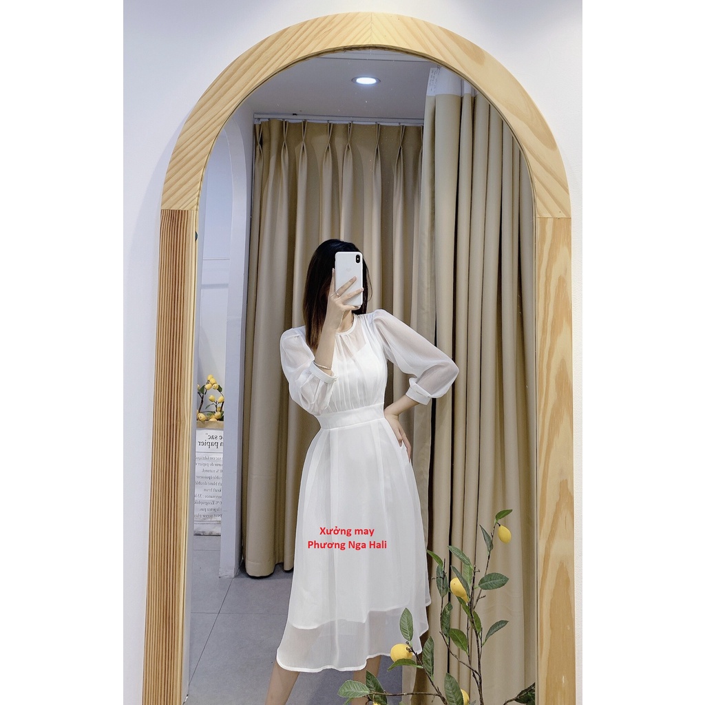 Đầm trắng tiểu thư dáng xòe nhẹ nhàng chất tơ mềm mại váy dự tiệc xinh xắn sang chảnh