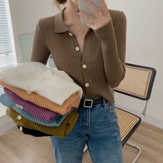 Áo cardigan IHKKE dệt kim mỏng tay dài cổ polo dáng ôm phong cách Hàn Quốc