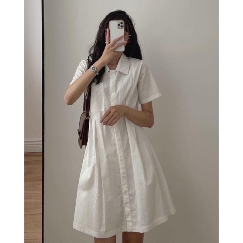 [ẢNH THẬT/VIDEO] VÁY SƠ MI DÁNG BABYDOLL UZZANG CÓ TÚI NGỰC SIÊU XINH VÁY SƠ MI CỔ ĐỨC DÁNG SUÔNG HÀN QUỐC