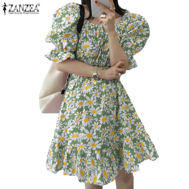 Đầm midi ZANZEA tay ngắn eo thun cổ tròn cho nữ