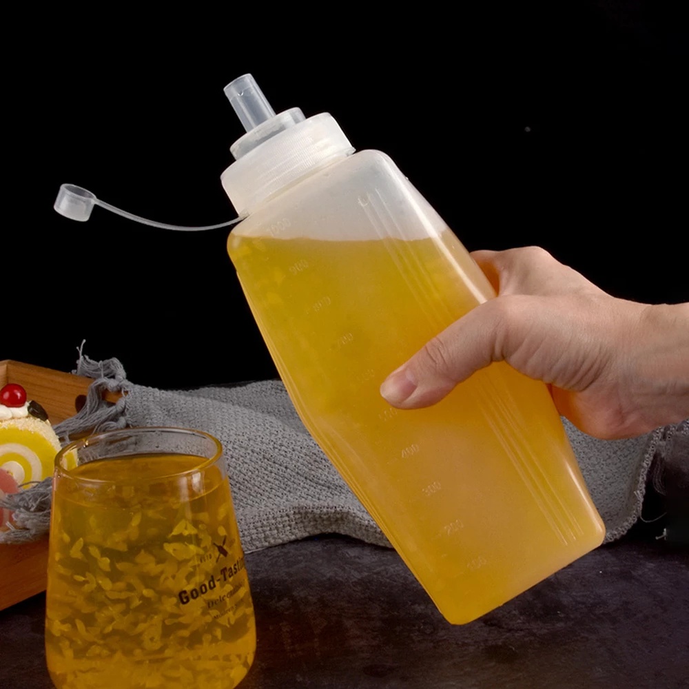 Chai bóp bằng nhựa dáng vuông 800ml / 1000ml dùng đựng nước sốt có nắp đậy chống bụi tiện lợi