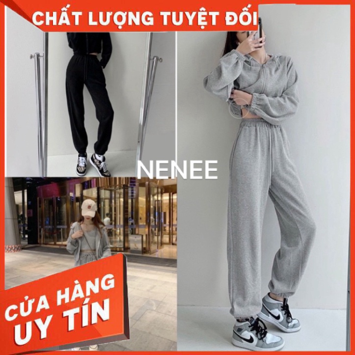 Sét bộ thể thao unisex 3 món ❤️áo croptop dài tay kéo khoá quần jogger ống bom,chất nỉ hàn phong cách ulzzang, NENEE - H