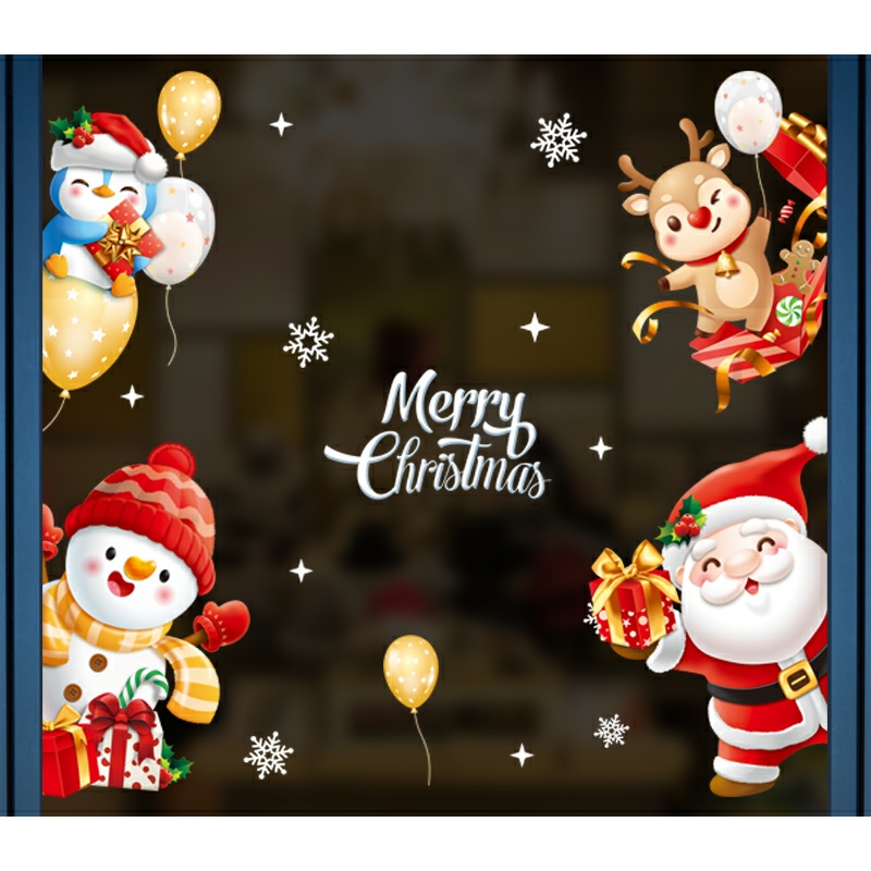 Decal trang trí noel giáng sinh dán cửa kính hàn quốc 2 mặt hình ông già noel và những người bạn