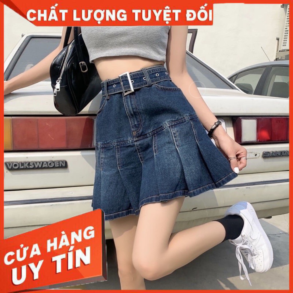 Chân váy jean xếp ly dáng chữ a kèm đai jean thời trang có ảnh thật SẴN S, L, XL | BigBuy360 - bigbuy360.vn