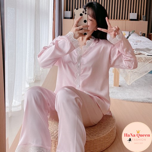 [Sẵn Hàng] Bộ đồ ngủ lụa nữ dài tay phối ren Pijama thu đông phong cách Hàn Quốc