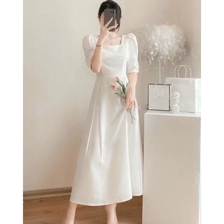 ĐẦM DỰ TIỆC TRẮNG DÁNG DÀI QUA GỐI CỔ VUÔNG TAY LỠ (CÓ ẢNH THẬT)